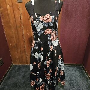 Banned Retro Black Floral A Line Dress Size Medium 1950s Style